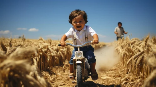 Joyful Boy Riding Bike in Wheat Field