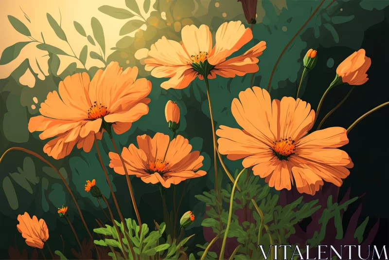 Orange Flowers Painting | Lush Field Illustration AI Image