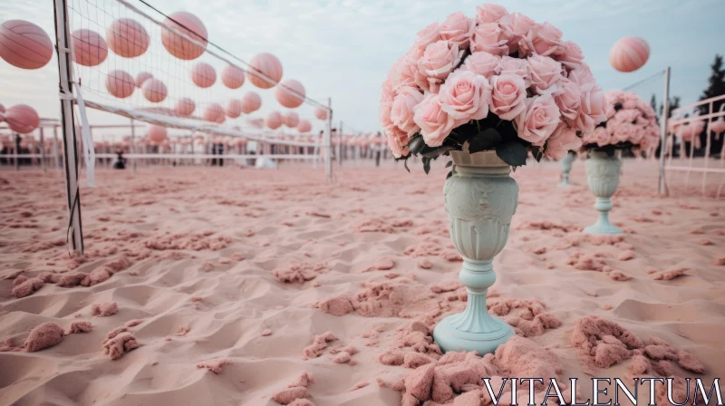 Pink Balloons and Flowers on Beach - A Rococo-Inspired Scene AI Image