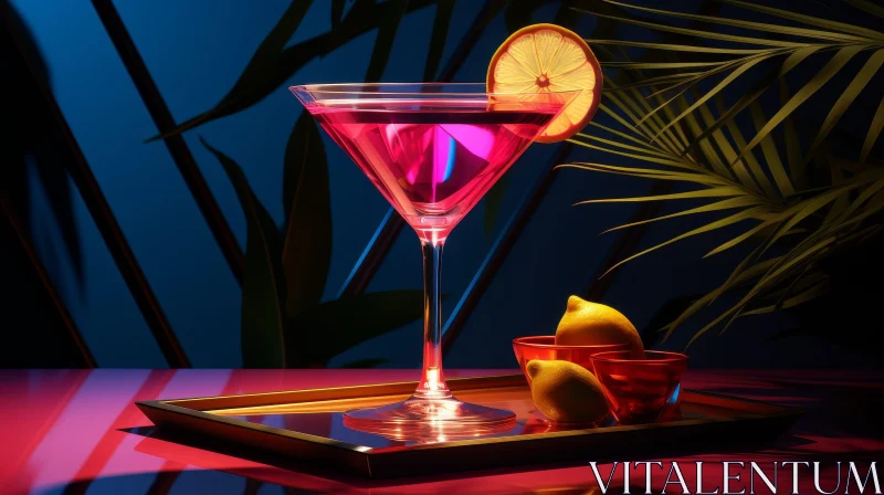 AI ART Pink Martini with Lemon Twist on Gold Tray
