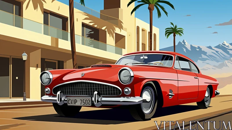 AI ART Red Vintage Car in Warm Climate Street Scene