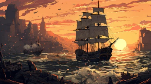 Sailing Ship at Sea - Cityscape Sunset Painting