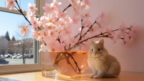 Serene Japanese-Inspired Rabbit Scene with Cherry Blossoms