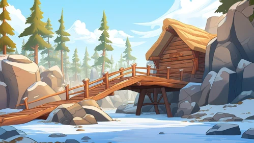 Snowy Forest Cartoon Illustration with Wooden House on River Bridge
