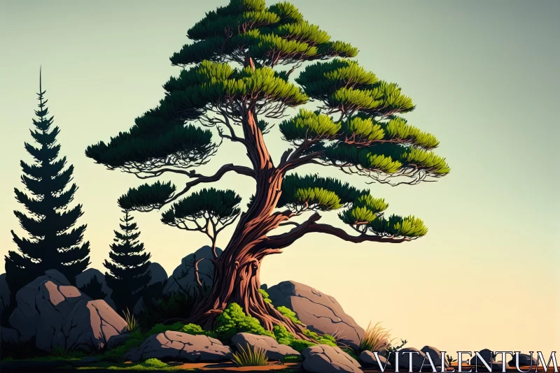 Stunning Pine Tree on Rock: Stylized Realism and Botanical Illustrations AI Image