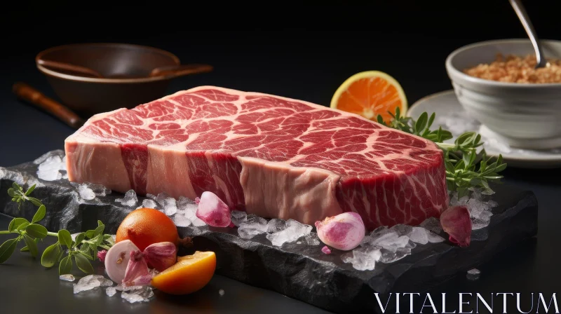 AI ART Succulent Raw Beef Steak on Black Stone Cutting Board