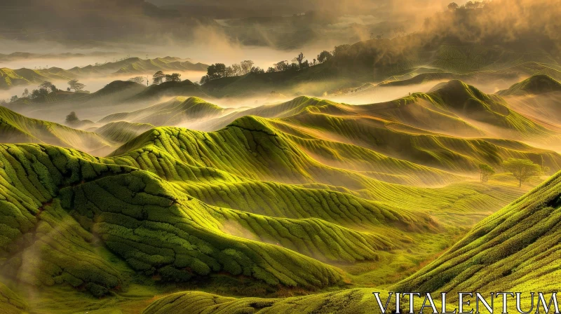 Tranquil Tea Plantations Mountain Landscape AI Image