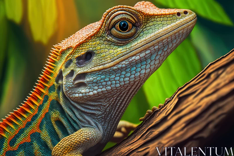 Vibrant Lizard Resting on Branch - Hyper-Detailed Portraits AI Image