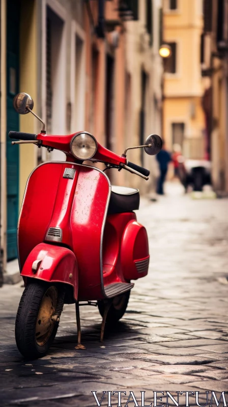 Vintage Red Vespa Scooter on European Cobblestone Street AI Image