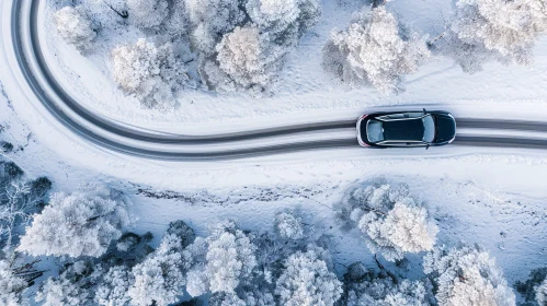 Winter Wonderland: Aerial View of Car Driving on Snowy Road