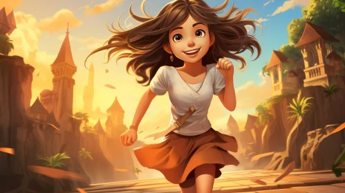 Young Girl Running in Tropical Cartoon Illustration