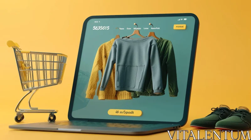 3D Rendering of Laptop with Shopping Cart and Clothes on Yellow Background AI Image