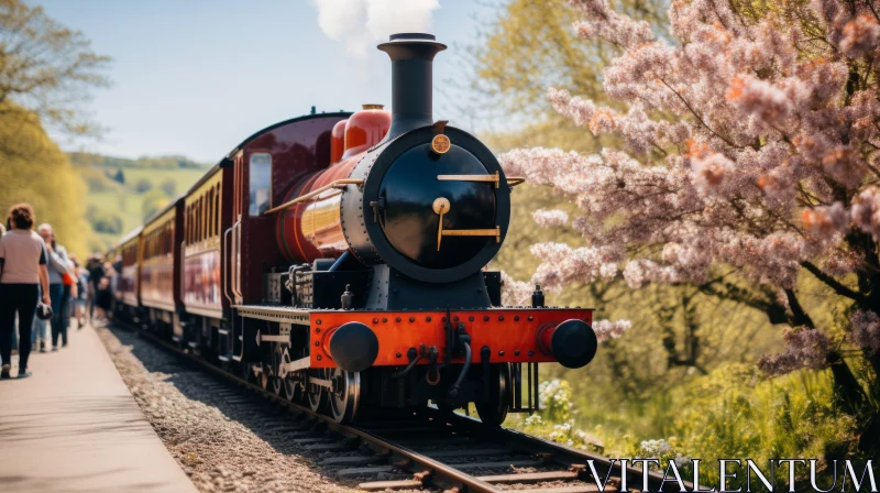 Artistic Portrayal of a Steam Train Nestled Among Blossoming Trees AI Image