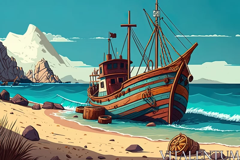 Cartoon Realism: Boat and Rocks near Mountains and Beach AI Image