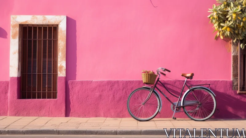 Charming Pink Wall with Bicycle and Flowers AI Image