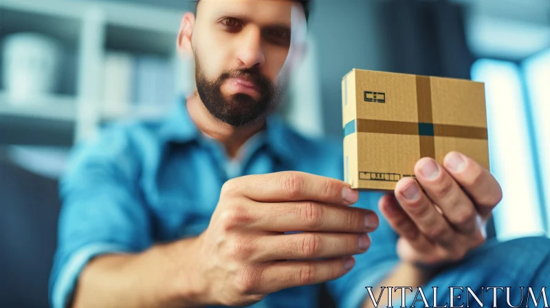 Close-up of a Bearded Man Examining a Small Cardboard Box AI Image
