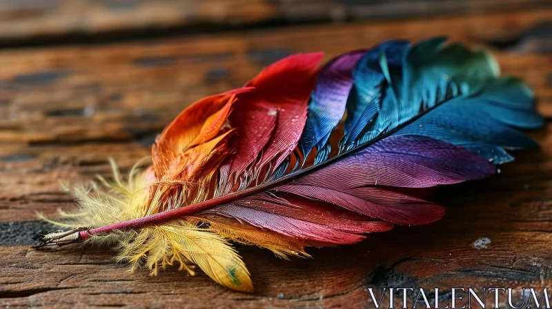 Colorful Feather on Wooden Surface - A Captivating Nature Artwork AI Image