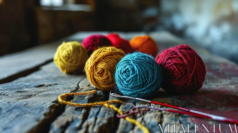 Colorful Yarn and Crochet Hook on a Rustic Wooden Table AI Image