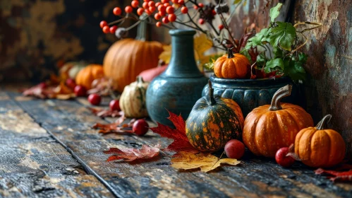 Cozy Autumn Still Life with Pumpkins and Fall Leaves