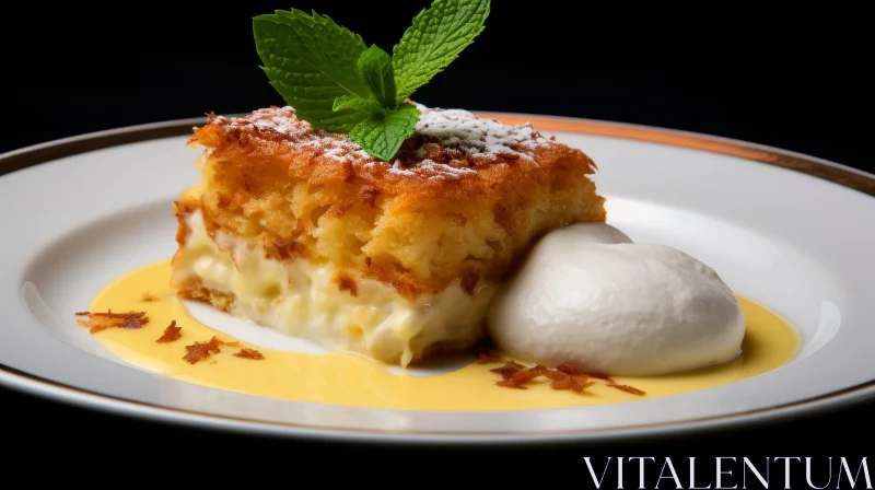 Delicious Bread Pudding with Vanilla Ice Cream and Mint AI Image