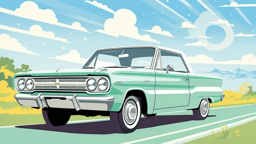 Green Car Driving | Crisp Neo-pop Illustrations | Midcentury Modern