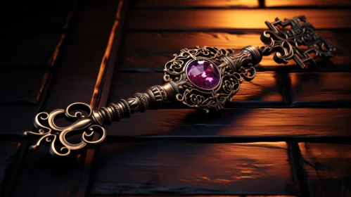Intricate 3D Rendering of Golden Key with Purple Gemstone