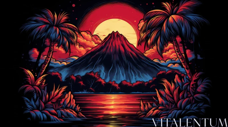 Majestic Volcano at Sunset Digital Illustration AI Image