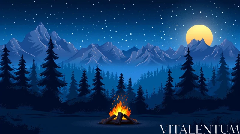 Night Landscape with Campfire and Mountain Range AI Image