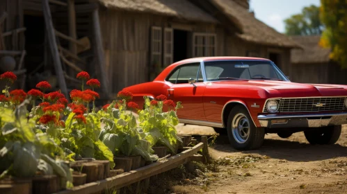 Rustic Scene: Red Chevrolet Impala Parked in Front of Wooden House