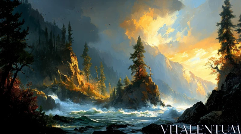 Serene Mountain Lake Landscape Painting AI Image