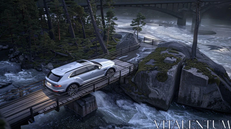 Silver Bentley Bentayga SUV Crossing Wooden Bridge in Forest AI Image