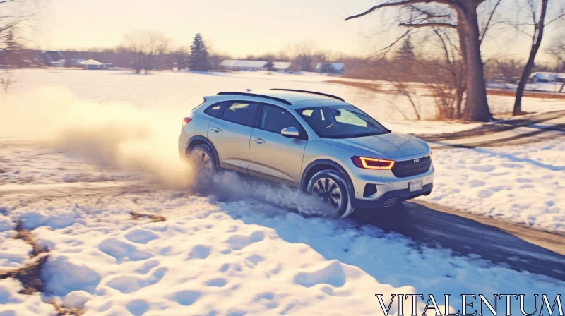 Silver SUV Driving on Snowy Road - Winter Adventure Scene AI Image