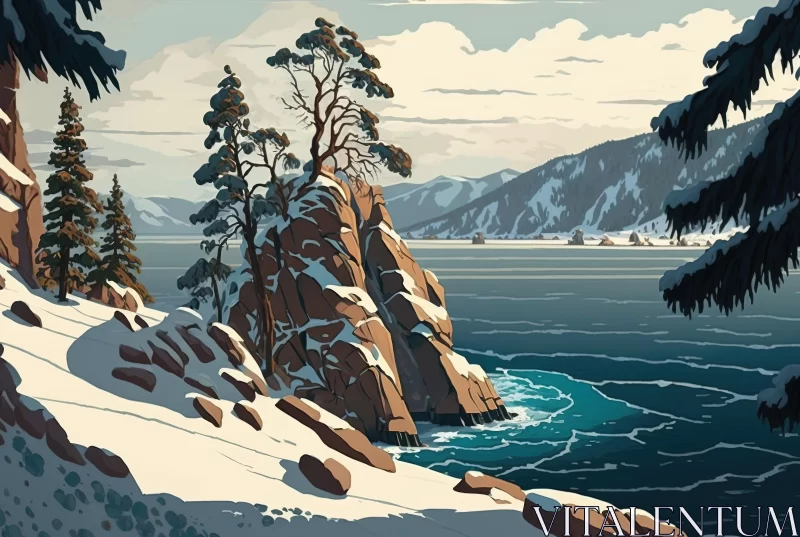 Snowy Lake and Cliffs: Lively Coastal Landscape Painting AI Image
