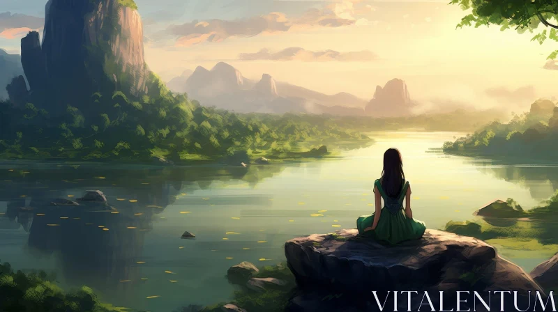 AI ART Tranquil Morning Lake Landscape with Woman in Green Dress