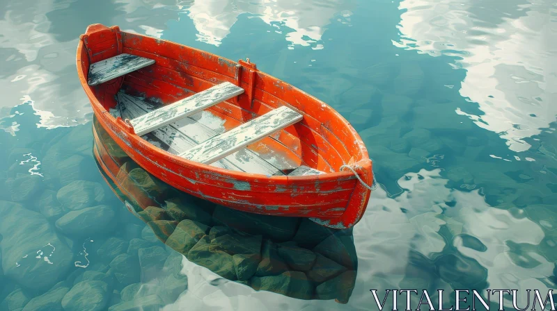 Tranquil Red Wooden Boat Floating in a Clear Lake AI Image