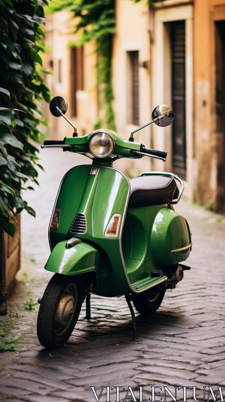 Vintage Green Vespa Scooter in European City AI Image