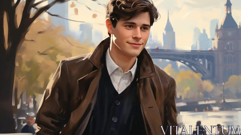 Young Man Portrait in Park with River Background AI Image