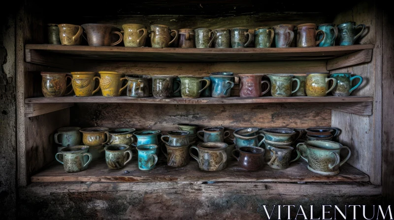 Captivating Ceramic Mug Display on Wooden Shelves AI Image