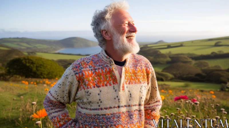 AI ART Cheerful Senior Man in Colorful Sweater in Flower Field