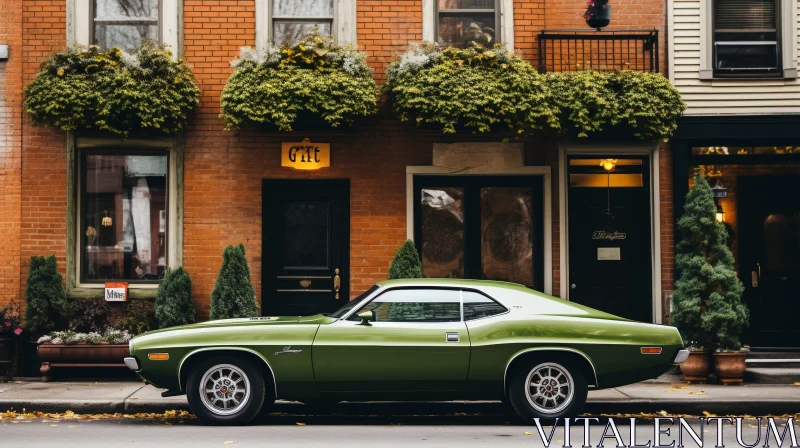 Classic Green Car Parked on City Street AI Image