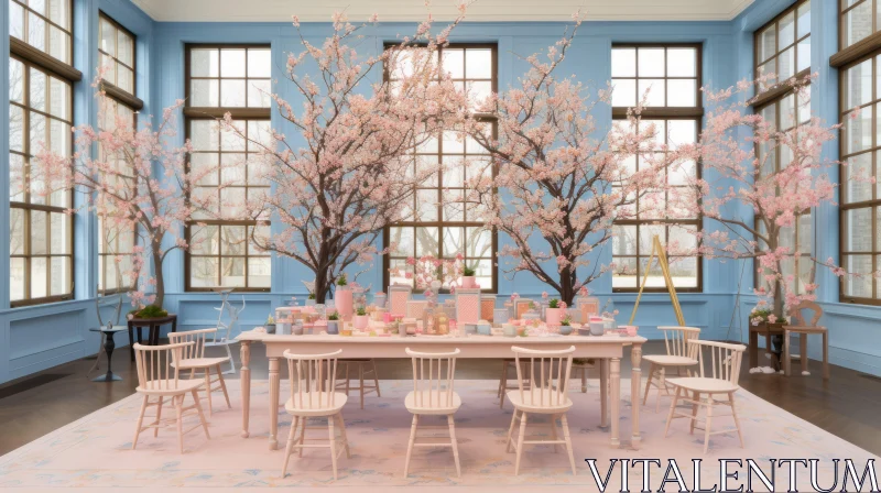 Colorful Cherry Blossom Decor in Blue Room AI Image