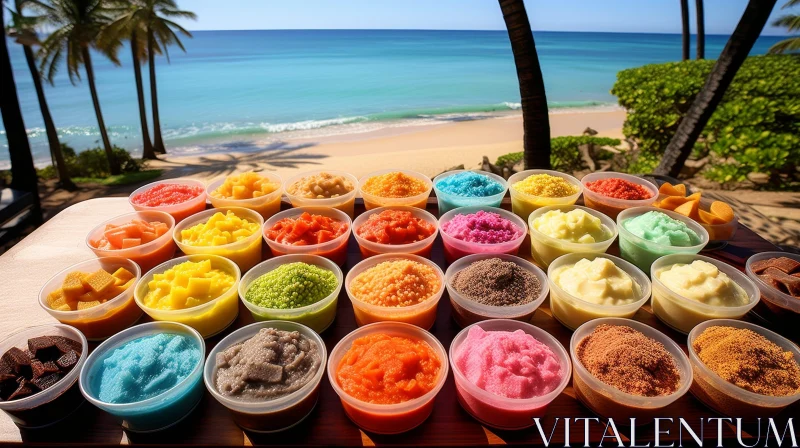 Colorful Food Display at Beach AI Image