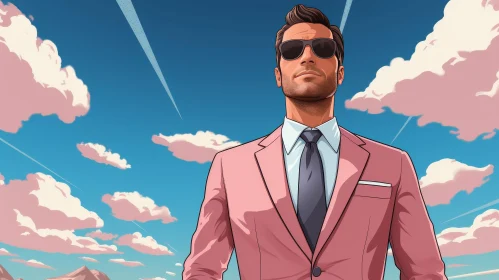 Confident Man in Pink Suit against Blue Sky - Comic Style