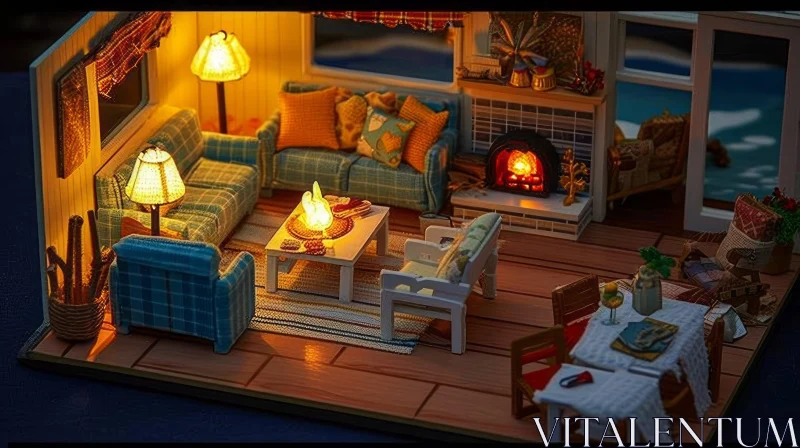 Cozy Cottage Living Room with Fireplace and Blue Sofa AI Image