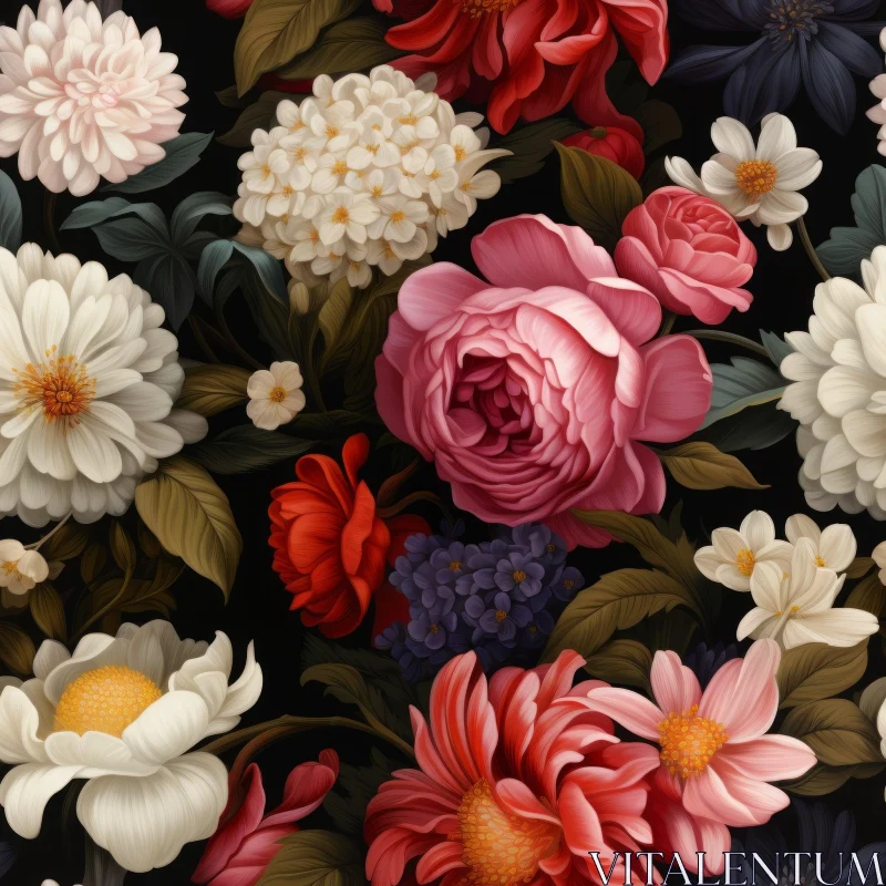 Dark Floral Pattern with Roses, Peonies, and Chrysanthemums AI Image
