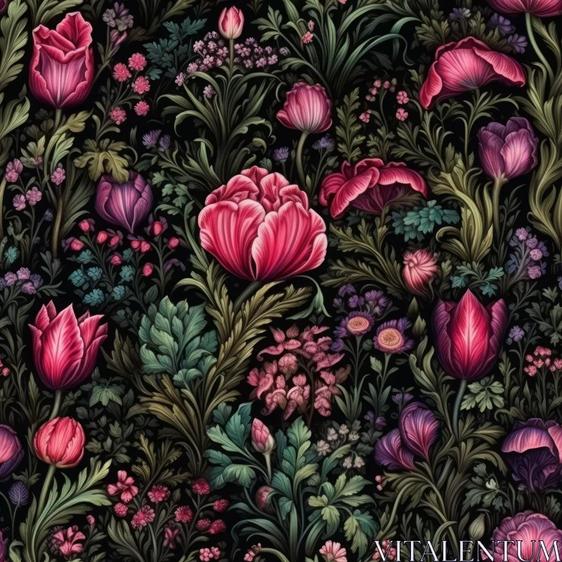 Dark Floral Seamless Pattern with Tulips, Roses, and Lilies AI Image