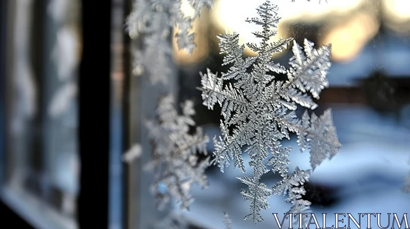 Delicate Snowflake Close-Up on Window | Peaceful Winter Image AI Image