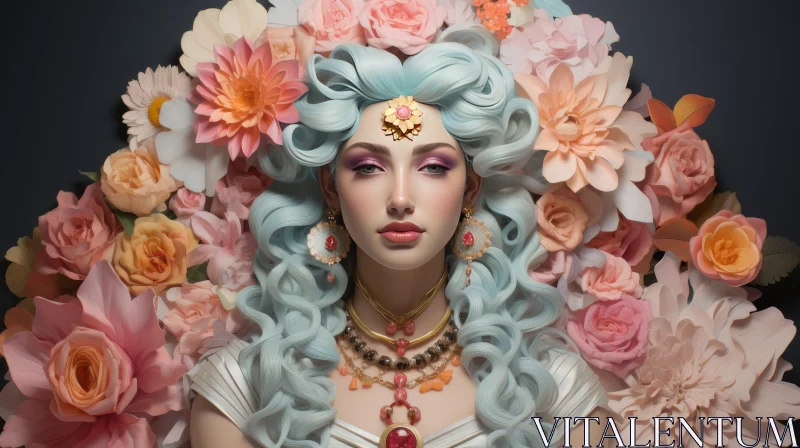 Ethereal Woman Portrait with Blue Hair and Flowers AI Image