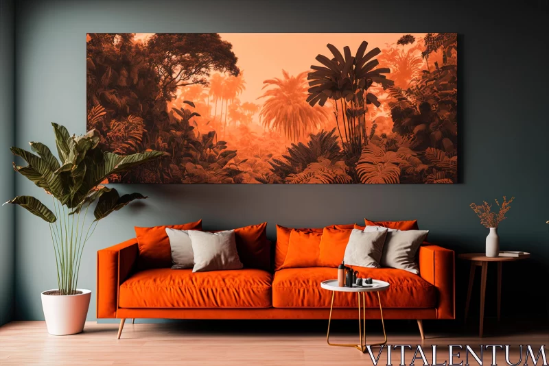 Exotic Fantasy Landscape: Orange Couch with Banana Leaf Painting AI Image