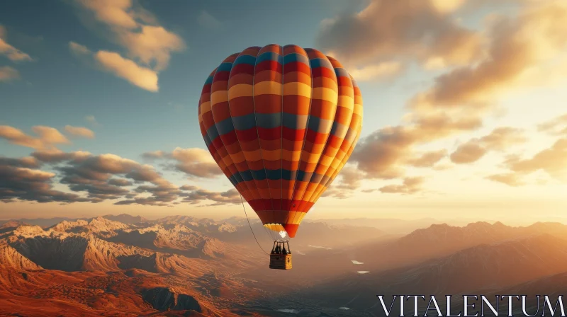 Hot Air Balloon Flying Over Majestic Mountain Range AI Image